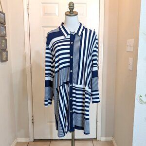 Ali Miles Modern Artsy Striped Casual Shirt Size XL Blue White Button Front